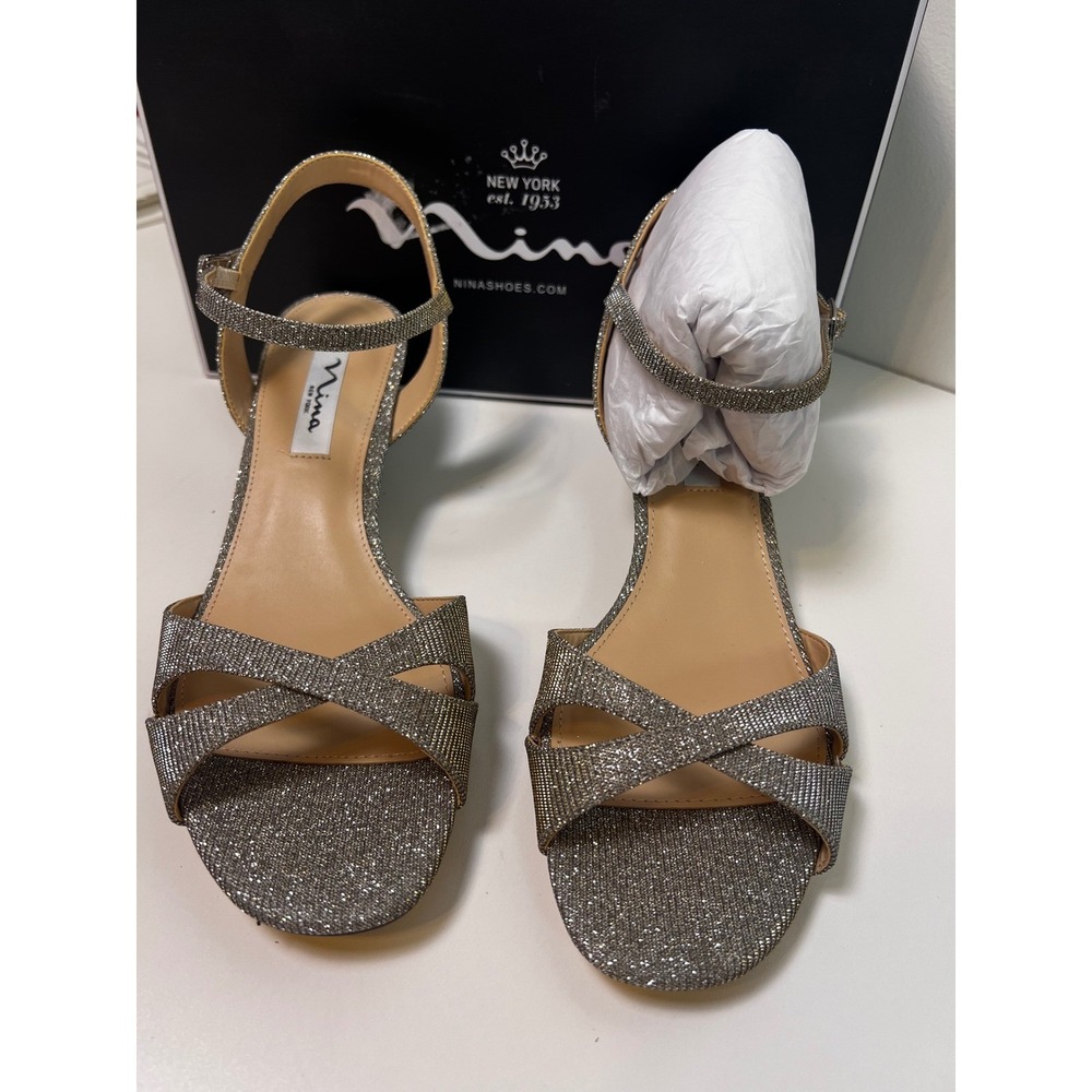 Nina Flora Women's Glitter Wedge Sandals Sparkle Silver Ankle Strap Sz 9 NIB